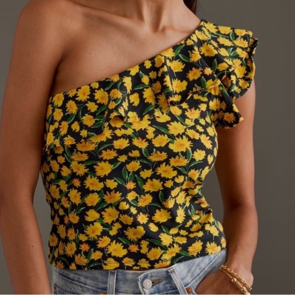 Maeve Yellow Floral One-Shoulder Crop Top